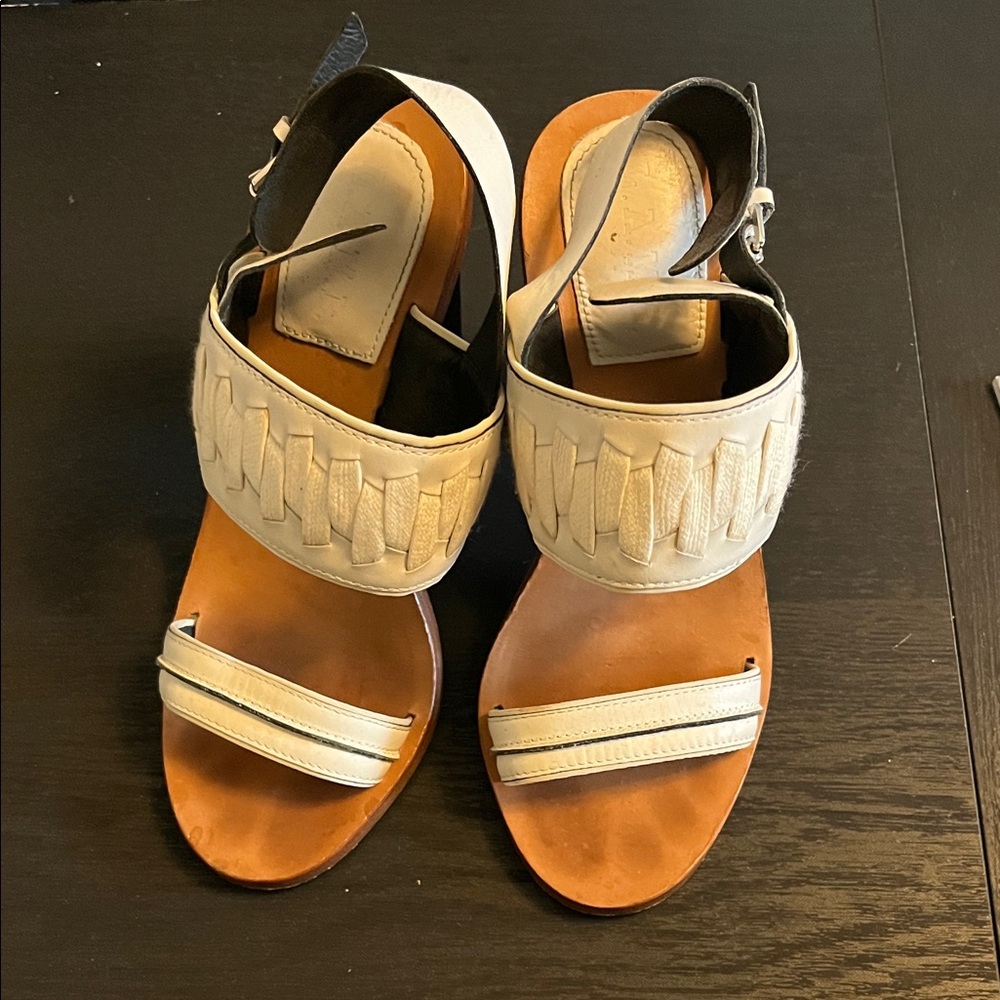 L.A.M.B. Black and White Woven Heel Sandals